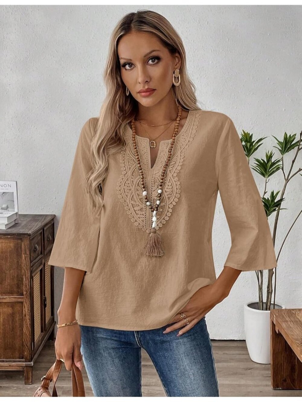 Womens Dark Khaki V Neck Pull On Loose Fit Blouses Sleeve Top Cotton Linen Shirt - Picture 3 of 5